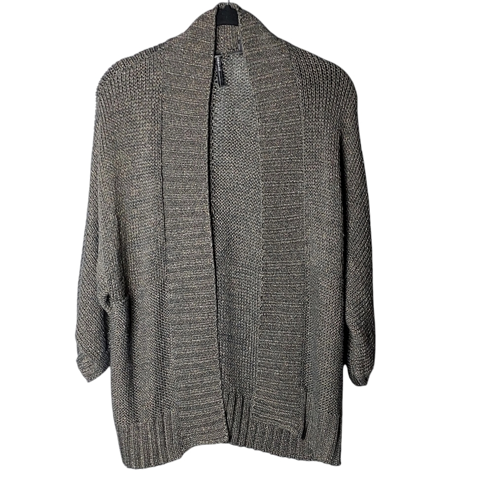 Isda & Co. M Italian Yarn Dark Gray Gold Flecks Cropped 3/4 Sleeve Cardigan NWOT